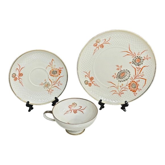 Eschenbach 3 Pc Dessert Set Germany Bavaria Orange Floral Gold‎ Trim Waffle MCM - Picture 1 of 15